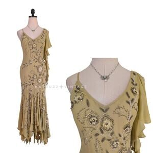 Vintage Sue Wong Silk Maxi Dress Gown 10 Green Y2K Fairy Floral Bead Grunge